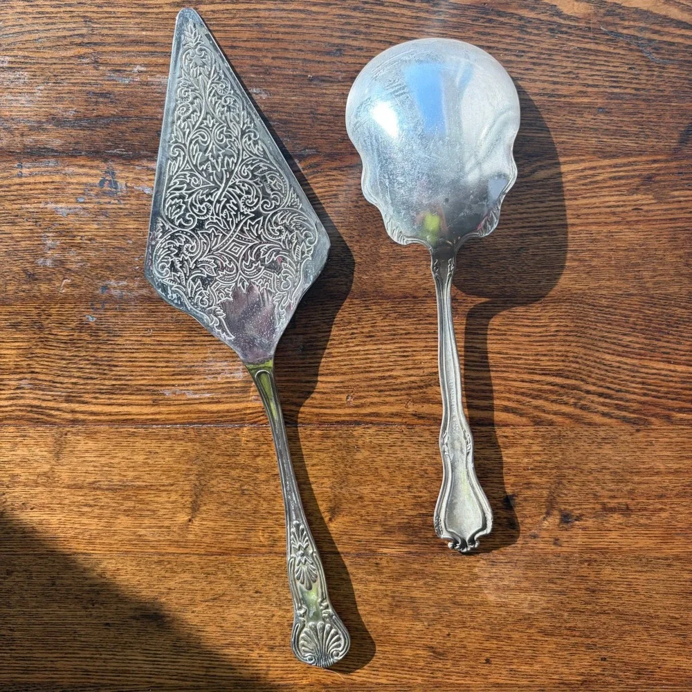 Vintage Silver Plated Ornate Etched Cake Server and Scalloped Serving Spoon Set